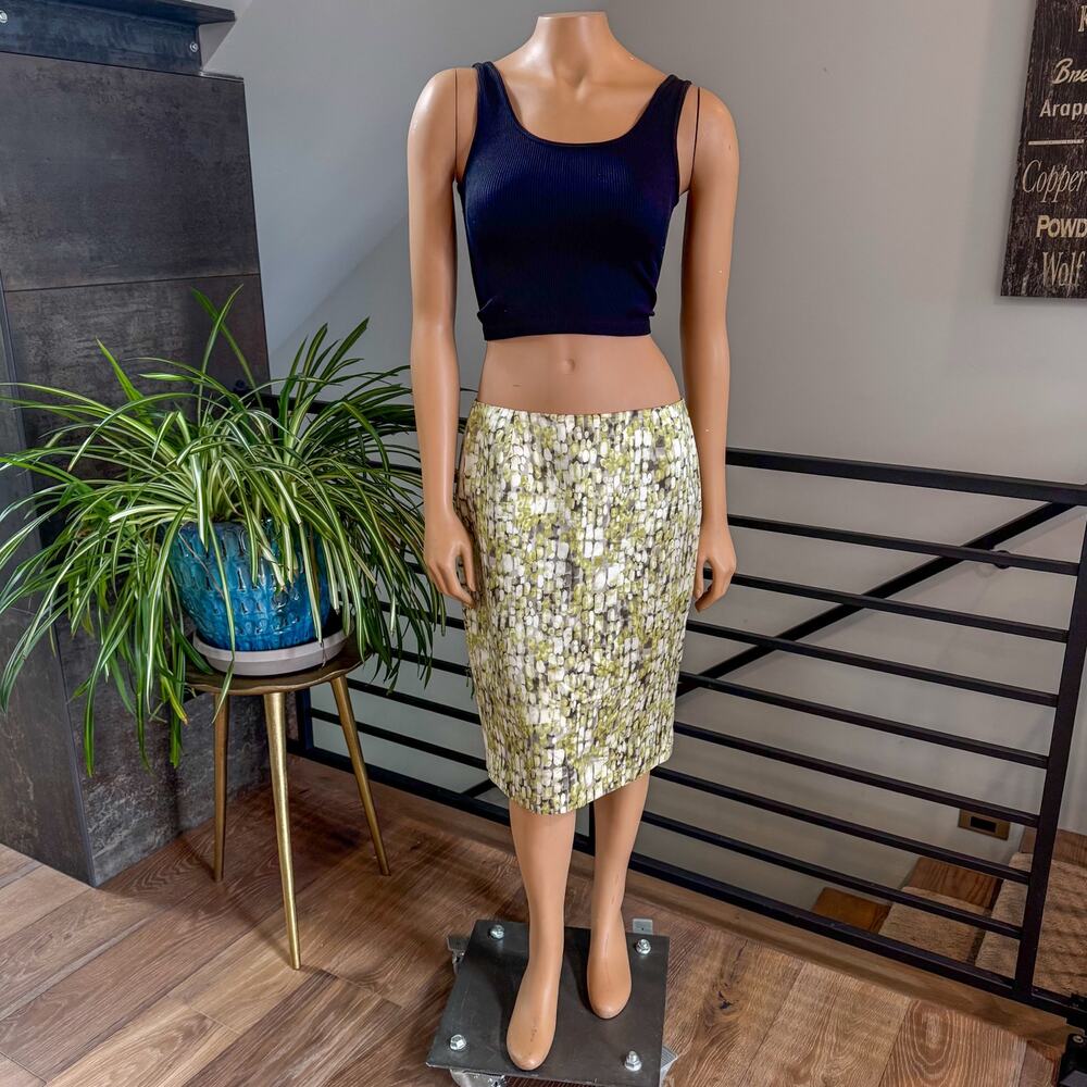 Jones New York Cotton Silk Blend Pencil Skirt Green Ivory Mosaic Abstract Size 6